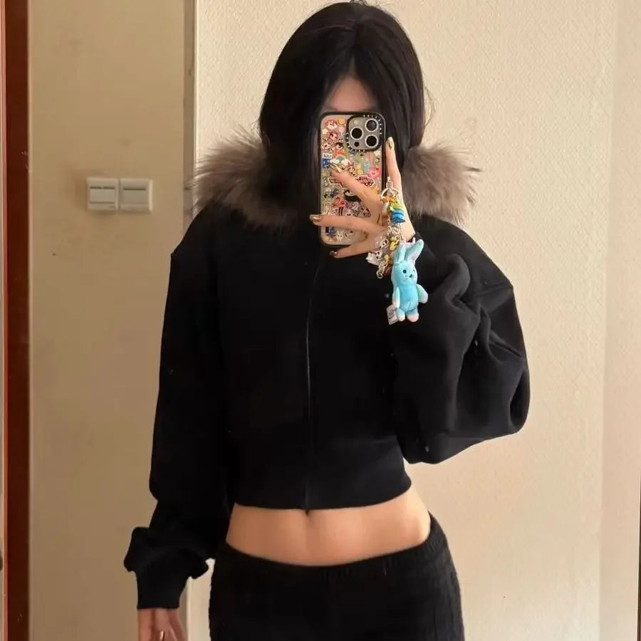 Black Fur Collar Zipper Sweatshirt Simple Fashion Furry Collar Zipper Hooded Sweatshirt Vintage Y2k Zipper Hooded Sweatshirt