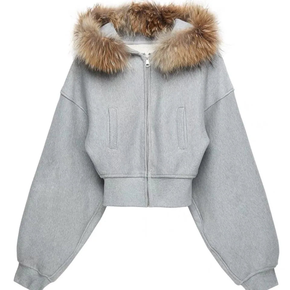Black Fur Collar Zipper Sweatshirt Simple Fashion Furry Collar Zipper Hooded Sweatshirt Vintage Y2k Zipper Hooded Sweatshirt