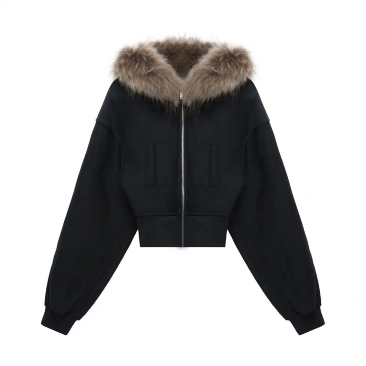 Black Fur Collar Zipper Sweatshirt Simple Fashion Furry Collar Zipper Hooded Sweatshirt Vintage Y2k Zipper Hooded Sweatshirt